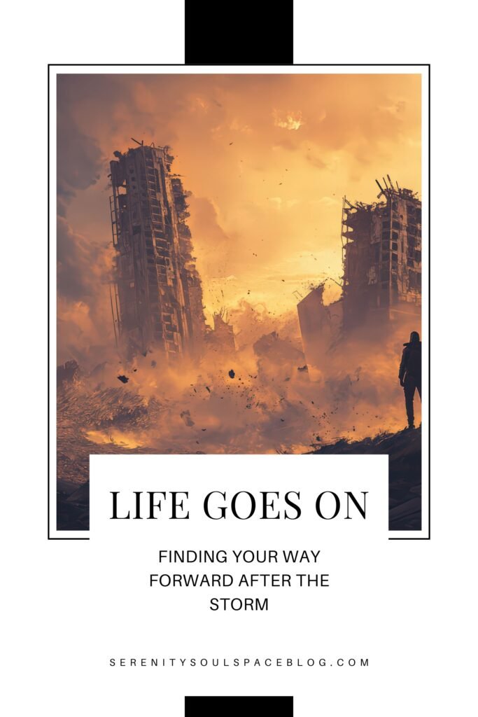 LIFE GOES ON - a man's silhouette stands in the rubble after a storm assessing damage