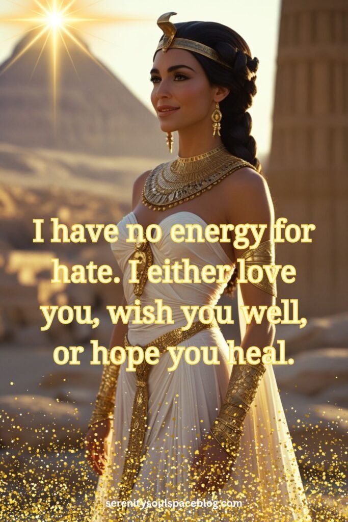 protect your peace- the Pinterest pin for this article of a Egyptian Goddess confidently looking ahead with the sun affirming her power in the background