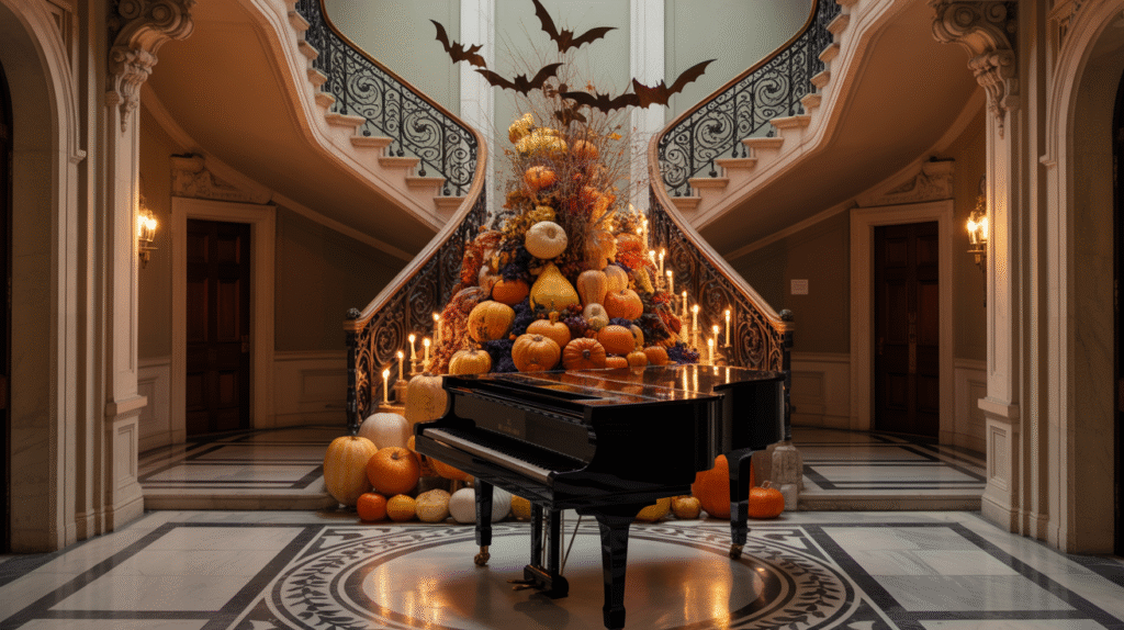 halloween decor trends for 2025 - the grand foyer of a house with split staircases in the center is a black grand piano with pumpkins and a huge spider decoration hanging from the ceiling