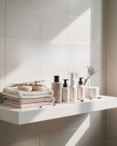 a clean bathroom with unmarked bottles of beauty products sitting on a shelf. The entire bathroom is white with a ray of sunshine is coming across the wall and the bottles