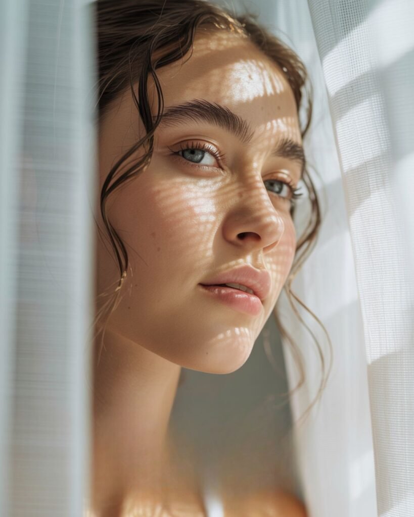 a young woman with beautiful, glowing skin. Again, the sun's rays grace her face accentuating her beauty.