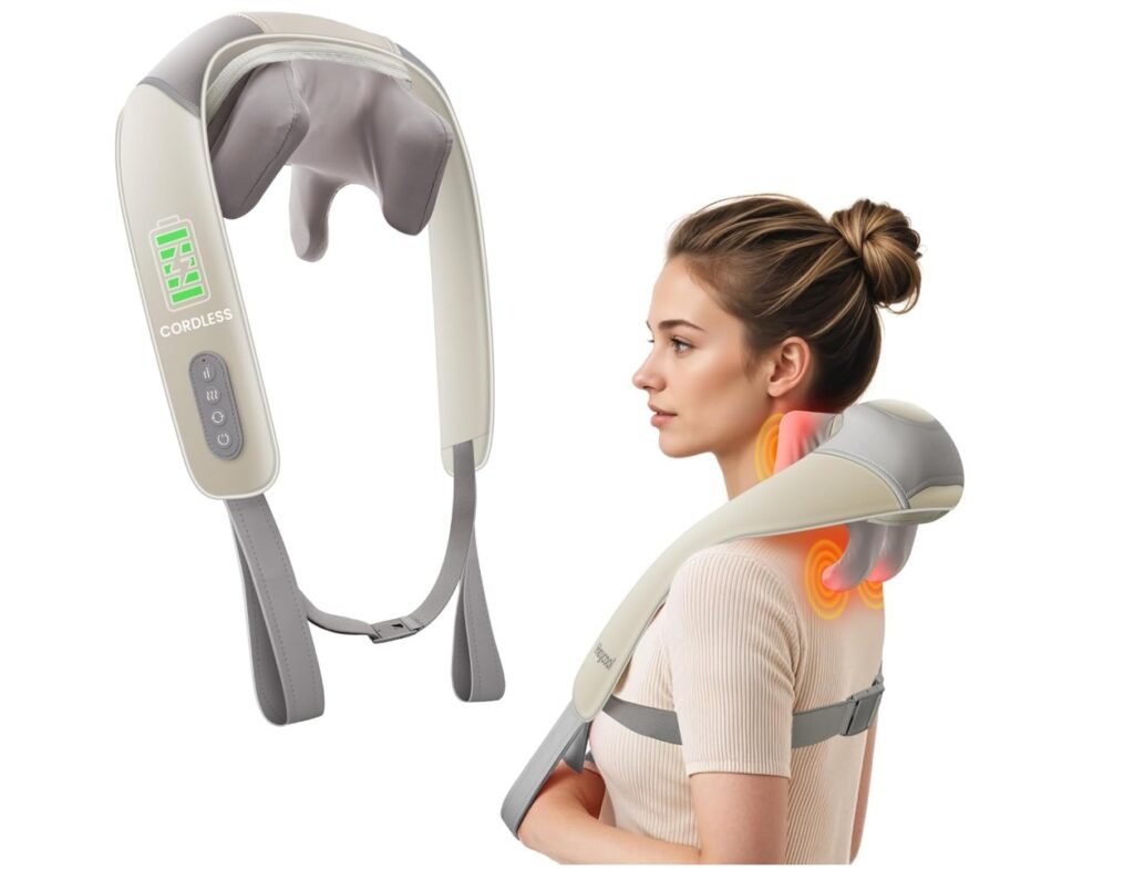 a woman wearing a heated neck massager