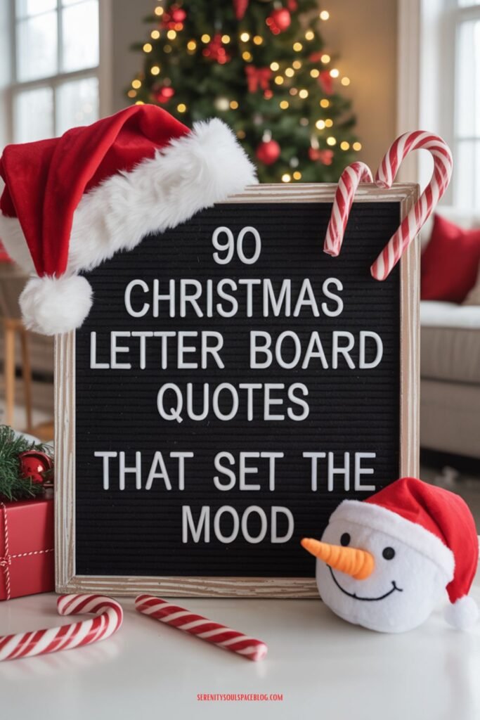 A festive Pinterest pin featuring a white letter board with black letters spelling "90 Christmas Letter Board Quotes That Set The Mood" prominently displayed in the center. The letter board is surrounded by cheerful Christmas decorations including a red velvet Santa hat draped casually to one side, striped candy canes, and a small plush snowman with a carrot nose and button eyes. The cozy living room background showcases a beautifully decorated Christmas tree with twinkling warm white lights and red ornaments, while soft natural light filters through a nearby window creating a warm, inviting holiday atmosphere perfect for seasonal inspiration.