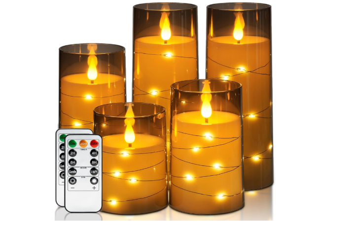 Homemory Star-String LED Flameless Candle Set – Gray Acrylic, Remote-Controlled, 5-Pack