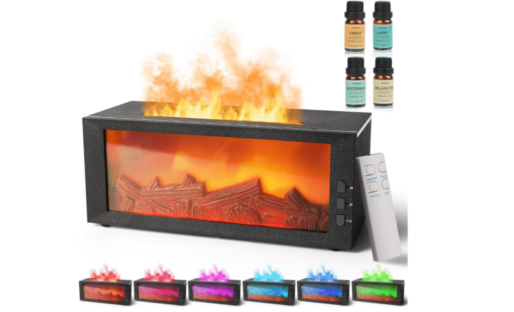 BOHOFAM Flame Diffuser & Humidifier – 300ML Fireplace Aroma Machine with 4 Essential Oils, Color-Changing Light, 14-Hour Runtime (Black)
