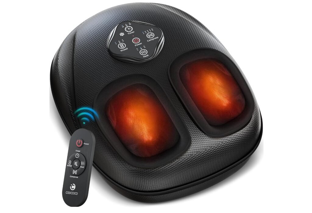 heated foot massager in black but shows red and orange where the feet go signifying heat element