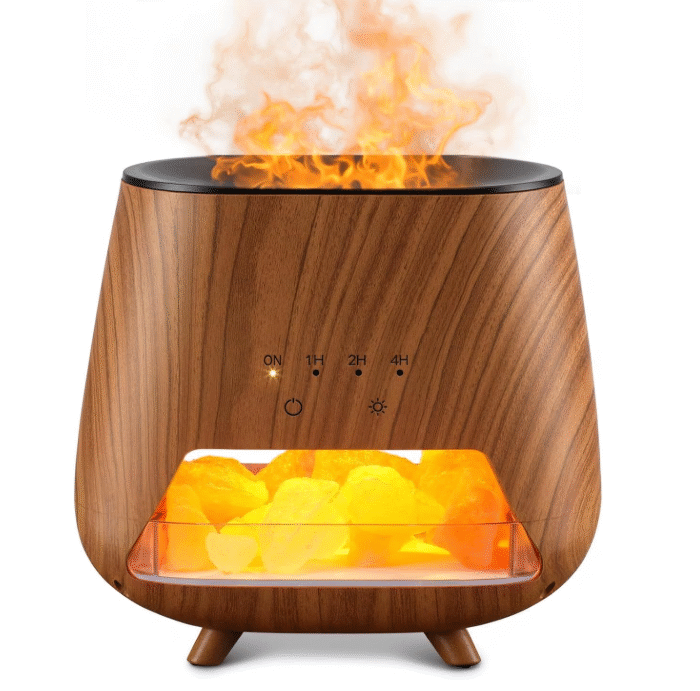 200ml Essential Oil Diffuser with Himalayan Salt – Cool Mist Humidifier, Flame-Effect Night Light, Auto-Off