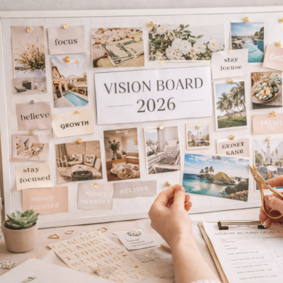 Hands creating a 2026 vision board on a white bulletin board with goal images, affirmations, scissors, candles, and planning supplies in a cozy, well lit workspace.