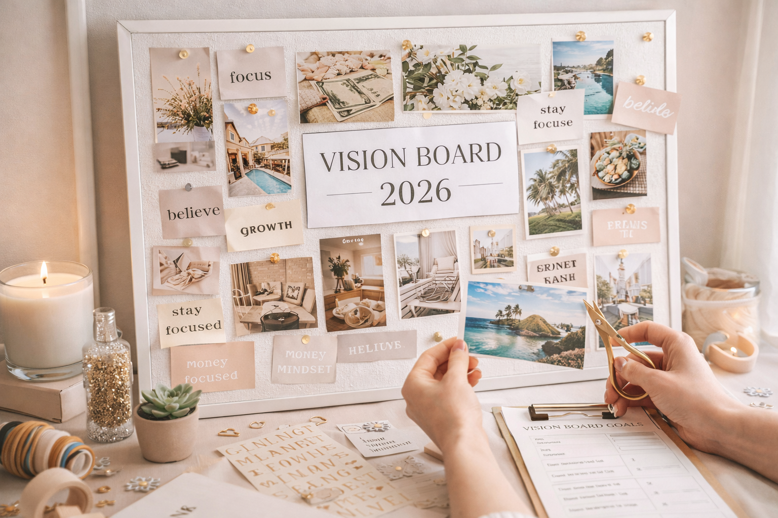 Hands creating a 2026 vision board on a white bulletin board with goal images, affirmations, scissors, candles, and planning supplies in a cozy, well lit workspace.
