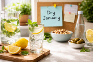 Glass of sparkling lemon water with mint on a kitchen counter, surrounded by fresh lemons and snacks, with a note in the background that reads “Dry January,” representing alcohol-free choices.