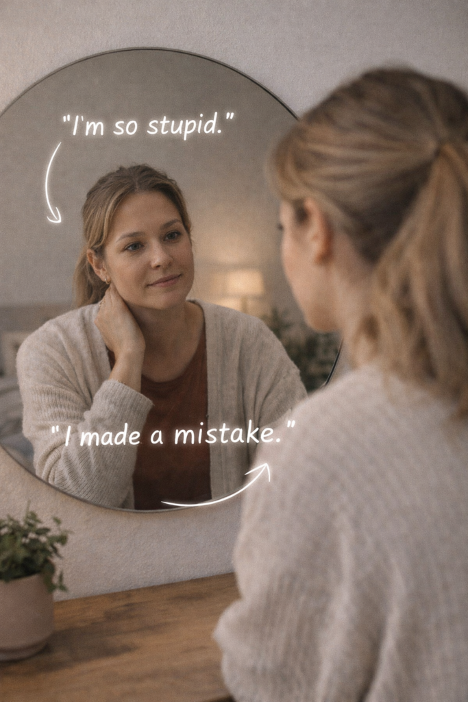 Contemplating her reflection in silence