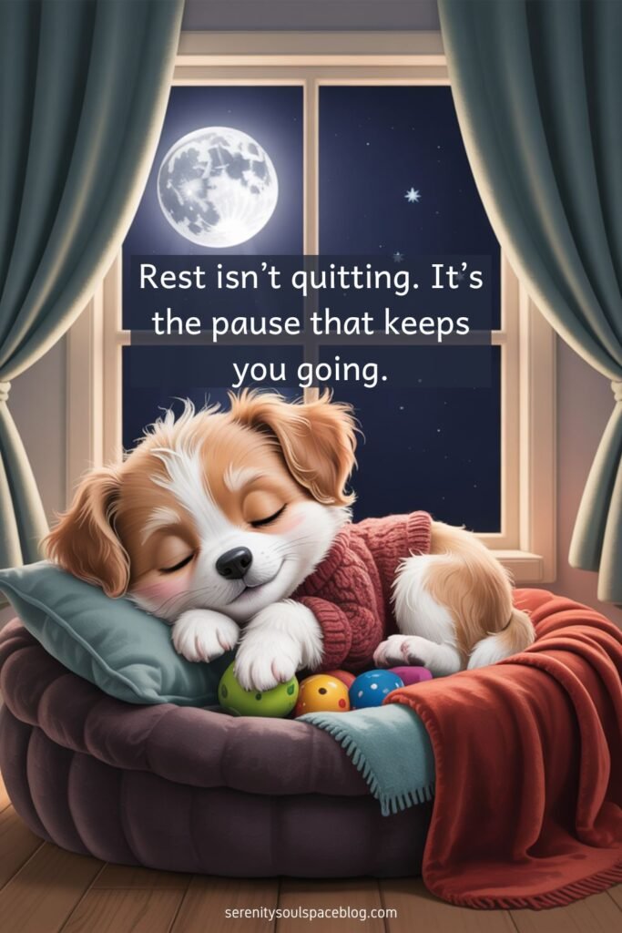 cute picture quote - a puppy at peace asleep in his/her bed with the moon overhead shining through a window