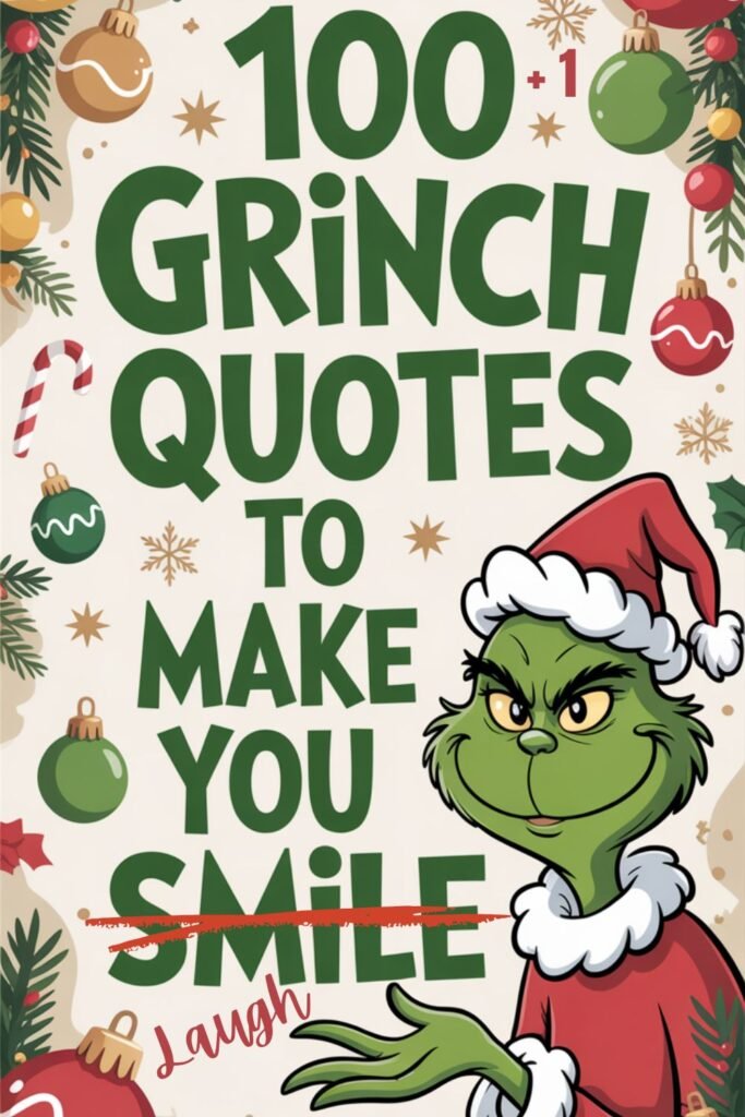 A digital illustration of Dr. Seuss's The Grinch in a festive Christmas-themed design. The Grinch wears a red Santa hat with white trim and a red outfit with white cuffs, standing on the right side of the image with his right hand raised in a gesturing position. He has his characteristic green skin and mischievous grin. The background features a cream-colored base with decorative Christmas elements including green pine branches, red and gold ornaments, candy canes, and gold snowflakes scattered throughout. The text "100 GRINCH QUOTES TO MAKE YOU SMILE" appears in large green letters in the center of the image, with "100" on top, "GRINCH QUOTES" in the middle, and "TO MAKE YOU SMILE" at the bottom. The ornaments include red baubles, green baubles, and gold metallic decorations. The overall design has a warm, holiday atmosphere with a beige background and decorative elements framing the text and characters.
