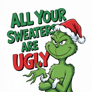Featured image of the Grinch in cartoon form with a quote that says, "All your sweaters are ugly"