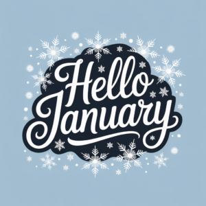 Hello January in winter theme and ice blue background with snowflakes