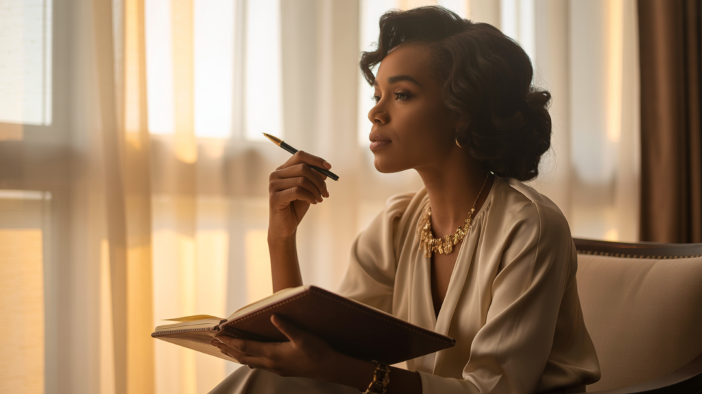 Winter self care ideas JOURNALING - A cinematic shot of an elegant African American woman sitting alone by a softly lit window, journaling or thinking deeply. Warm golden light filters through sheer curtains. She’s dressed in a cream blouse and minimal jewelry, exuding calm confidence and grace. Background is blurred for focus, giving a serene, reflective atmosphere.