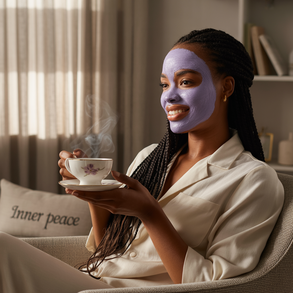 A stylish African woman in her late 20s or early 30s relaxing at home after work, wearing a face mask and sipping tea. The mood is calm and luxurious, showcasing an evening winter self-care moment for professional women