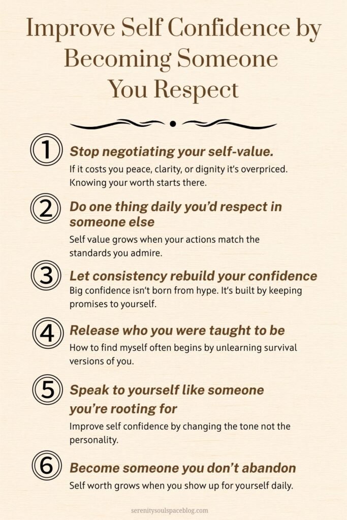 Pinterest graphic with six practical steps for building self worth and improving self confidence through daily self respect habits.