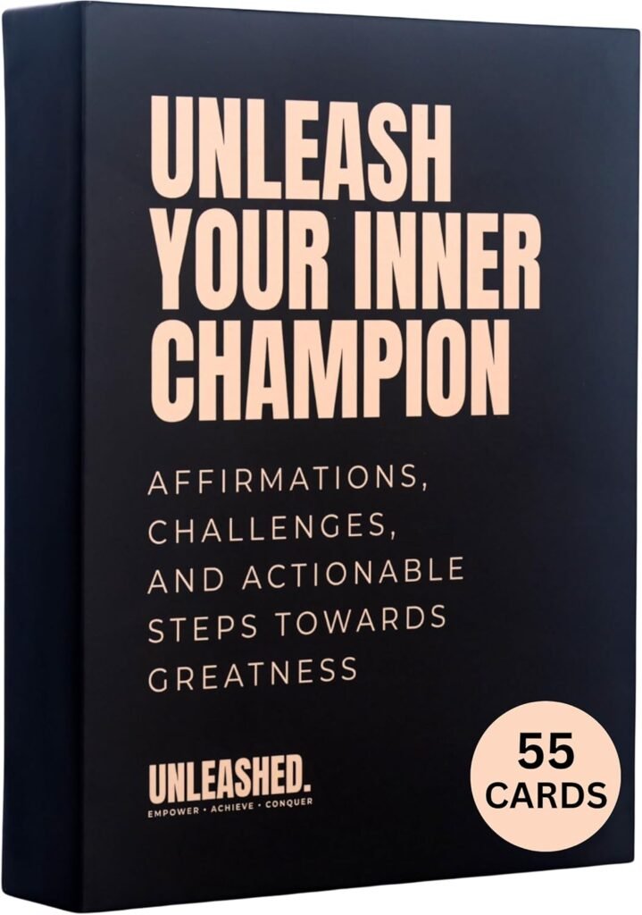 the box cover of the motivational cards set, "UNLEASH YOUR INNER CHAMPION" pink letter in Anton font on black background