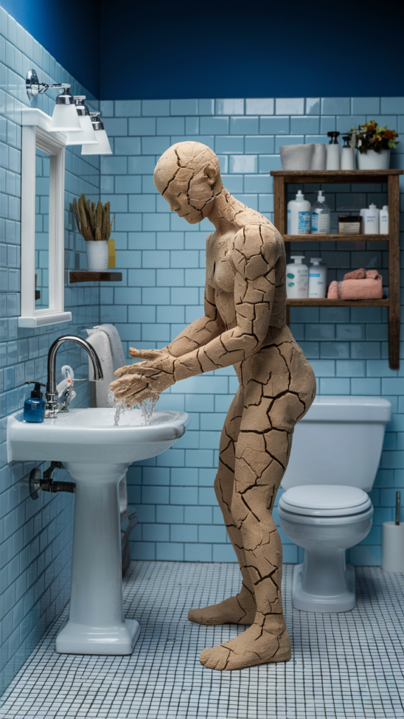 an AI illustration of dry cracked skin (a human with dry cracked skin looking in the mirror) during those dry winter months signifying the importance of a hydrating winter skincare routine