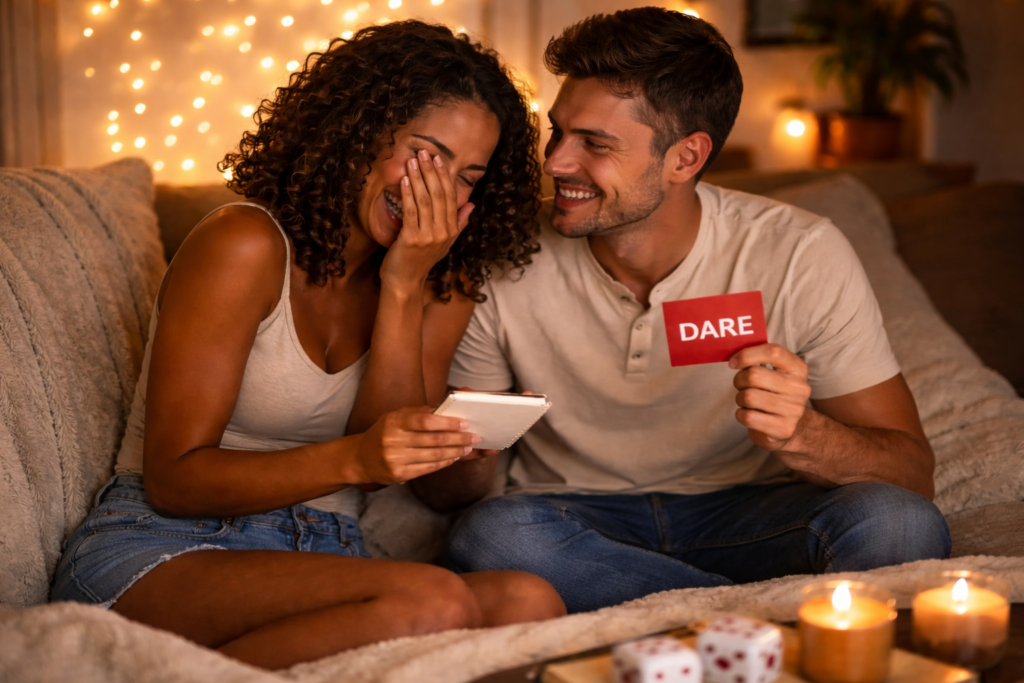 A couple sitting close together on a couch under warm string lights, laughing during a game of Truth or Dare, with one partner blushing and covering their face while the other holds a “dare” card and smiles.
