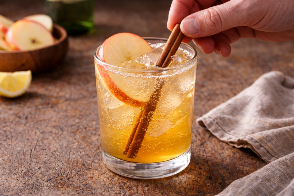 A close-up of an apple ginger spritz mocktail with ice and bubbling ginger beer, garnished with apple slices as a hand gently places a cinnamon stick into the glass on a rustic surface.
