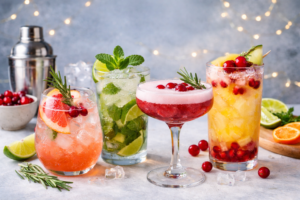 A realistic photo of four refreshing non alcoholic mocktails on ice, garnished with citrus slices, mint, rosemary, and cranberries, arranged on a light surface with fresh fruit and cocktail tools in the background.
