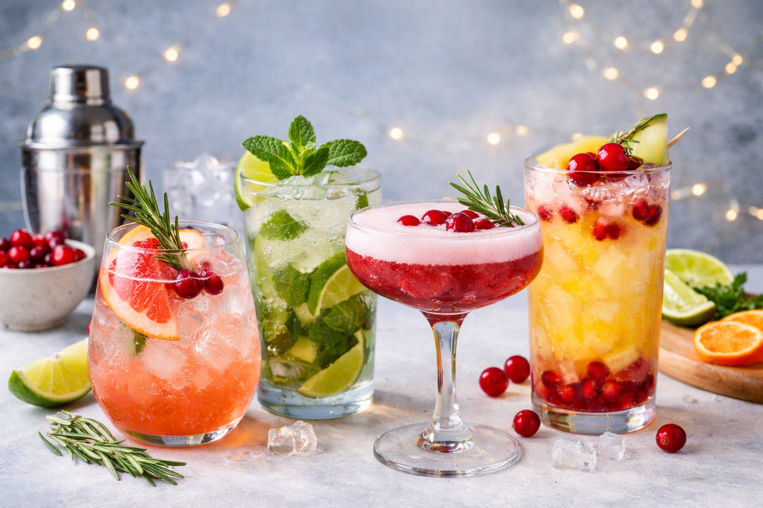 A realistic photo of four refreshing non alcoholic mocktails on ice, garnished with citrus slices, mint, rosemary, and cranberries, arranged on a light surface with fresh fruit and cocktail tools in the background.