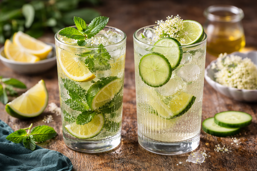 Two light colored non alcoholic mocktails with ice and sparkling bubbles, garnished with lemon slices, cucumber, mint, and edible flowers on a rustic wooden surface with fresh citrus and herbs nearby.