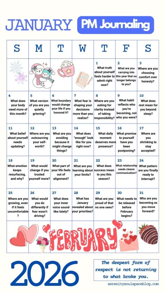 January Journal Ideas Pinterest pin calendar with 1 journal prompt for every day of the month